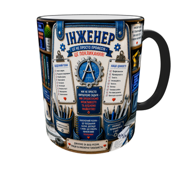 Кружка (чашка) с принтом "Инженер" из серии Professional Organizer Collection – подарок инженеру, конструктору, проектировщику | Керамическая 330 мл(черная ручка)