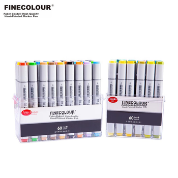 Спиртовые маркеры FINECOLOUR первого поколения с двумя наконечниками, стандартный универсальный набор, 60 цветов в прозрачной упаковке, акварельные ручки для художественных эскизов.