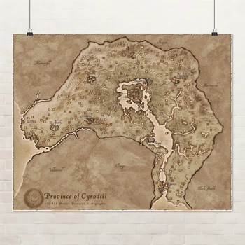 Постер Карта провинциї Сиродил, Тамриэль, Cyrodiil, Oblivion, Elder Scrolls, декор комнаты геймера, A3 30×37 см (id6588)