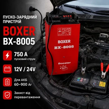 Пуско-зарядний пристрій Boxer BX-8005 12/24 В 750 А для автомобільного акумулятора 60–900 Аг, імпульсний бустер із дисплеєм, автоматичний зарядний блок для запуску двигуна