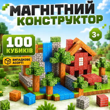 Магнитный конструктор в стиле Minecraft 100 деталей - детский 3D конструктор с магнитными кубиками. Майнкрафт.