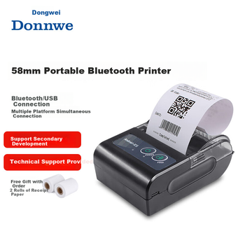 Портативний бездротовий принтер Dongwei 58 мм, один пристрій, Bluetooth, для ресторанів, супермаркетів, роздрібних магазинів, продуктів на винос, друку касових чеків, 50~80 мм/с, 384DPI, USB Bluetooth