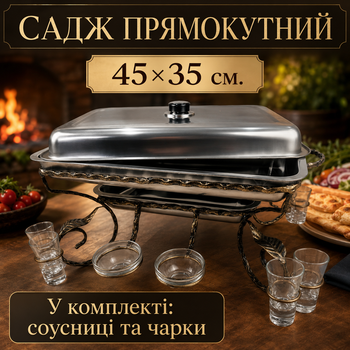 Садж прямокутний для подачі та підігріву шашлику 45х35 см з соусницями, чарками і кришкою