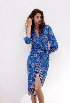 Сукня міді на запах з квітковим принтом та орнаментом синя Zara розмір XL