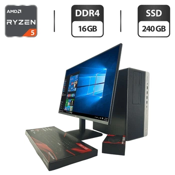 Комплект ПК: комп'ютер HP EliteDesk 705 G4 Tower / AMD Ryzen 5 Pro 2400G (4 (8) ядра по 3.6 - 3.9 GHz) / 16 GB DDR4 / 240 GB SSD / AMD Radeon RX Vega 11 Graphics + Новий монітор AOC 2 (1920x1080) IPS / Кабелі б/в + Подарунок Клавіатура + миша