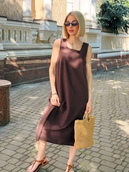 Довга однотонна сукня з льону Fashion 54/56 шоколадний