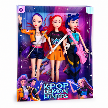 Набір ляльок 3 шт. K-Pop Demon Hunters, Кей-поп шарнірні співаючі мисливиці на демонів зі зброєю та гітарою.
