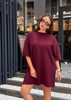 Женское летнее платье футболка свободного кроя, бордо, one size