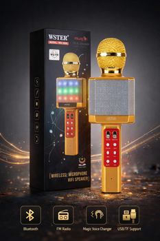 Беспроводной караоке-микрофон WSTER WS-1828 с Bluetooth, FM-радио и встроенной колонкой, портативный микрофон для караоке, золотой 20071