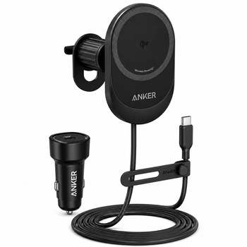 Магнитный автодержатель с беспроводной зарядкой Anker MagGo Wireless Car Charger Qi2 15W, 360° Adjustable, с автомобильным зарядным устройством USB-C 25W для iPhone 17/17 Pro/17 Pro Max, iPhone 16/15/14/13/12, черный