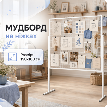 Білий мудборд дошка бажань на ніжках 150×100 см 5 фотокарток 20 прищіпок 2 чеклиста для дому та майстерні