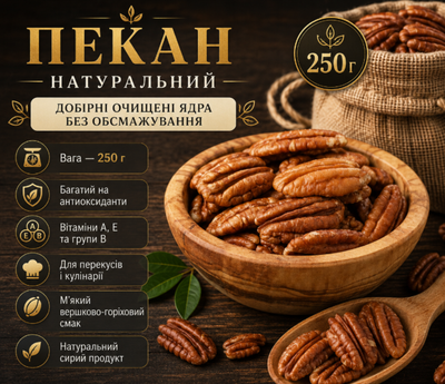 Пекан очищений сирий 250 г натуральний горіх джерело корисних жирів