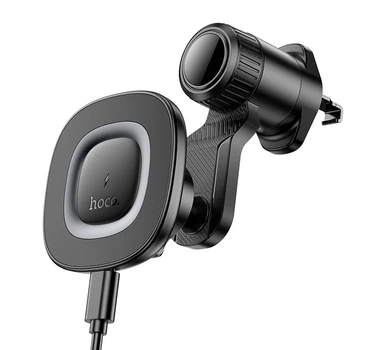 Автодержатель HOCO HW30 с беспроводной зарядкой 15W на дефлектор Black Metal Gray 106x102x100 мм