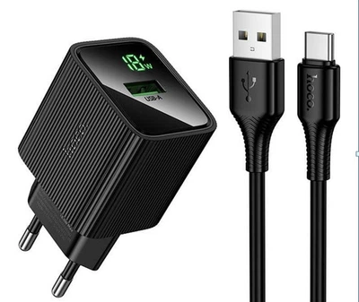 Мережевий зарядний пристрій Hoco CS81A 18W, USB-A, QC3.0, LED дисплей, швидка зарядка, адаптер живлення + Type-C, чорний