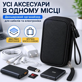 Двошаровий органайзер для кабелів та електроніки 19×11×6 см чорний