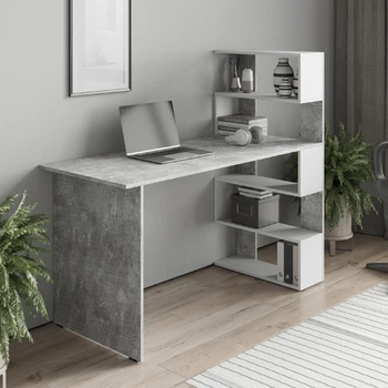 Стіл комп’ютерний/письмовий з полицями Moreli ST-0015 1416x1226x600 Бетон-Білий