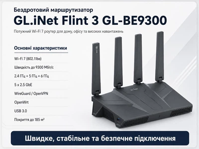 Бездротовий маршрутизатор GL.iNet Flint 3 (GL-BE9300-EU) Wi-Fi 7, 5 × 2.5G Ethernet Ports, Tri-band