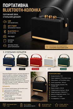 Портативна Bluetooth колонка 5 Вт з FM-радіо, USB, microSD, TWS, Bluetooth 5.1, акумулятор 1200 мА·год, ретро-дизайн Чорний (MX-00009901E)