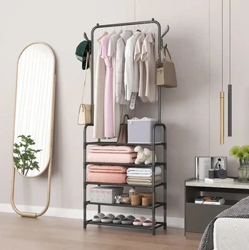 Підлогова металева вішалка для одягу Clothes Rack Up 170×60×26 см Чорна Стійка-органайзер для одягу та взуття на 5 полиць з гачками та колесами