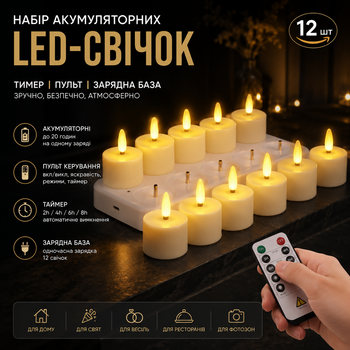 Набор аккумуляторных LED-свечек IMAGE 12 шт с пультом, таймером и зарядной базой для декора