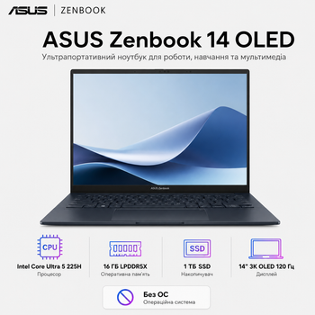 Ноутбук 14" Asus ZenBook 14 OLED UX3405CA-ST1261 Intel Core Ultra 5 225H 16GB 1TB SSD Arc Graphics DOS Ponder Blue (90NB14W1-M01V80)