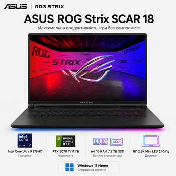 Ноутбук ігровий 18" Asus ROG Strix SCAR 18 G835LR-SA154W Intel Core Ultra 9 275HX 64GB 2TB SSD RTX 5070 Ti W11 Home Off Black (90NR0LS1-M006E0)