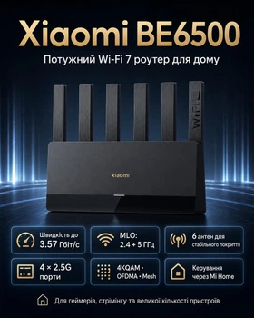 Wi‑Fi роутер Xiaomi BE6500 Wi‑Fi 7 Dual Band 3.57 Гбит/с Mesh‑маршрутизатор 4×2.5G Чёрный