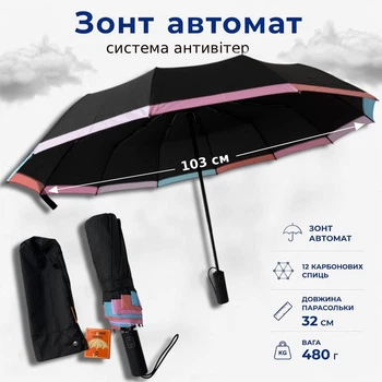 Антивітер парасолька Frei Regen на 12 спиць жіноча стильна автомат складна парасоля антишторм чорна (5506/6 SY)