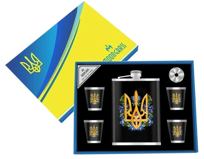 Подарунковий набір "Тризуб" 6в1 чорний (фляга, 4 чарки, лійка) Гранд Презент WKL-096