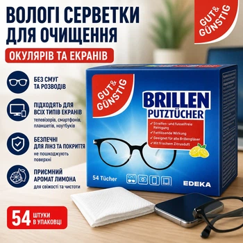 Вологі серветки для очищення окулярів та екранів Gut and Günstig 5 4 шт