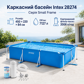 Каркасный бассейн Intex Small Frame 450×220×84 см 7127 л прямоугольный сборный бассейн с картриджным фильтр-насосом 2006 л/ч