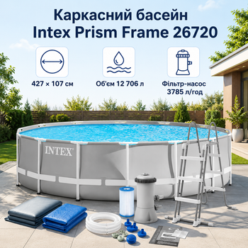 Каркасний басейн Intex Prism Frame 427×107 см 12706 л круглий збірний басейн із картриджним фільтр-насосом 3785 л/год, драбиною