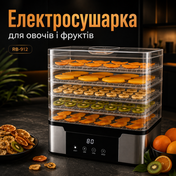 Электросушилка для овощей и фруктов Silver Love RB-912 дегидратор 1000 Вт с 5 поддонами, сушилка для грибов, ягод, зелени, мяса, рыбы, электронным управлением, цифровым дисплеем, регулировкой температуры 35–70 °C