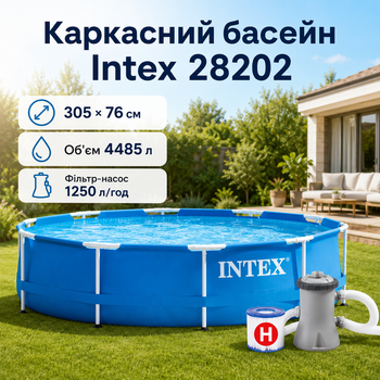 Каркасний басейн Intex Metal Frame 305×76 см 4485 л круглий збірний басейн із картриджним фільтр-насосом 1250 л/год для двору