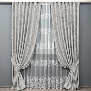 Комплект штор VR-Textil Лен Мрамор 100х270 2шт и Тюль 400х270 1263ш-1675т Светло-серый с белым 71-168/2