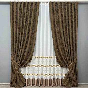 Комплект штор VR-Textil Лен Мрамор 150х270 2шт и Тюль 600х270 1261ш-1579т Коричневый с молочным 71-161/5
