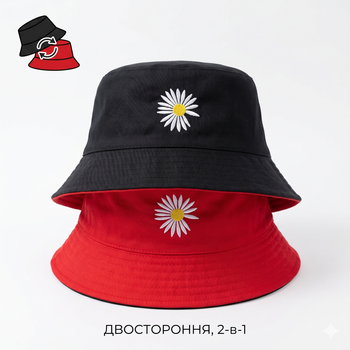 Панама солнцезащитная хлопковая 56-59 см для парня и девушки повседневная двухсторонняя с принтом ромашки Черно-красная