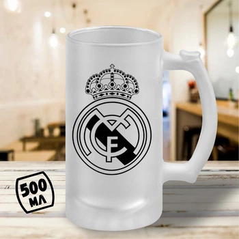 Пивной бокал с принтом "Классический логотип Real Madrid CF с короной" 500 мл кружка пивная подарок фанату Реала Мадрид