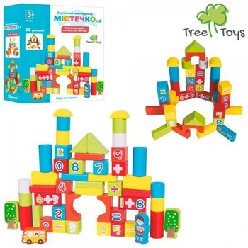 Деревянная игрушка TREE TOYS Строительные блоки городок, 53 детали, коробка-крышка сортер (MD 1866).