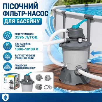 Пісочний фільтр-насос для басейну 58515 Bestway 3596 л/год з 6-позиційним клапаном і манометром для об’єму 1000-18100 л