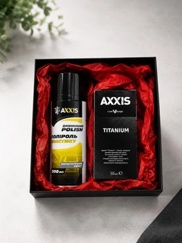 Подарочный набор для автомобиля AXXIS Titanium – полироль для пластика 200 мл + ароматизатор 50 мл, подарок автомобилисту, подарок мужчине парню (5743-9020)