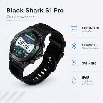 Смарт-годинник Black Shark S1 Pro 1.43 AMOLED Bluetooth 5.3 GPS NFC IP68 Black