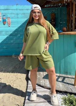 Женский летний костюм с футболкой и шортами K065 3XL-4XL (58-60) Оливковый