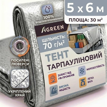 Тент Agreen 5х6м 70г/м² з люверсами тарпаулін сріблястий 10705053