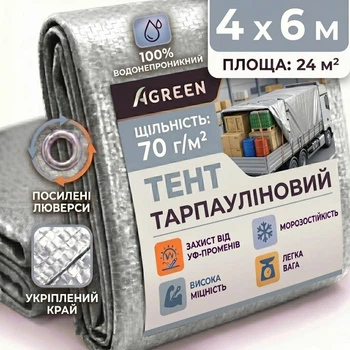 Тент Agreen 4х6м 70г/м² з люверсами тарпаулін сріблястий 10705052