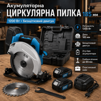 Аккумуляторная циркулярная пилка 185 мм с бесщеточным двигателем 1200 Вт, 2 Li-Ion аккумуляторы и кейс