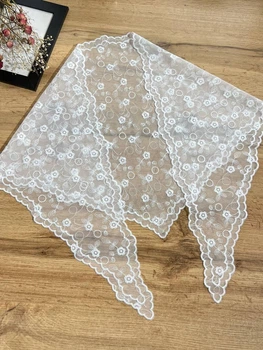 Кружевная косынка платок на голову в храм 130*45 см фатин цветочки айвори 5