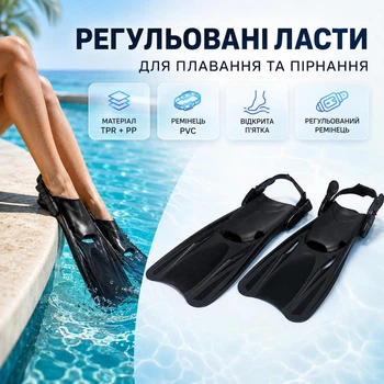 Ласти для плавання та пірнання регульовані з відкритою п’яткою TPR + PP (р. L 39-43, чорний)