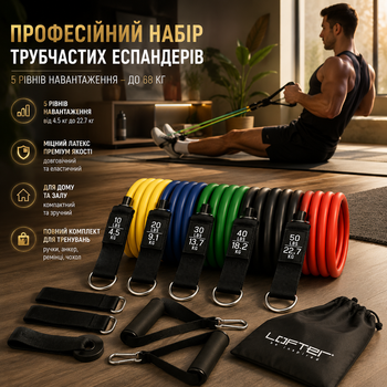 Професійний набір трубчастих еспандерів (5 рівнів, до 68 кг): Фітнес-набір з ручками, анкером та чохлом для дому та залу