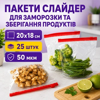 Пакети слайдери із замком для заморожування 20х18 см 50 мкм 25 шт (слайдер 20x18)